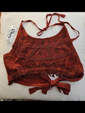 NWT Rhea Red Embroidered Halter Top Boho Festival Cropped Fringe S/M